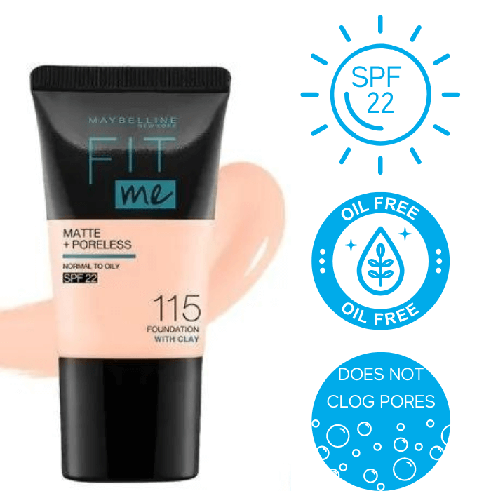 Maybelline Fit Me® Matte + Poreless Foundation with Clay Ivory 115 - SPF 22 Foundation - Oil Free Matte Foundation